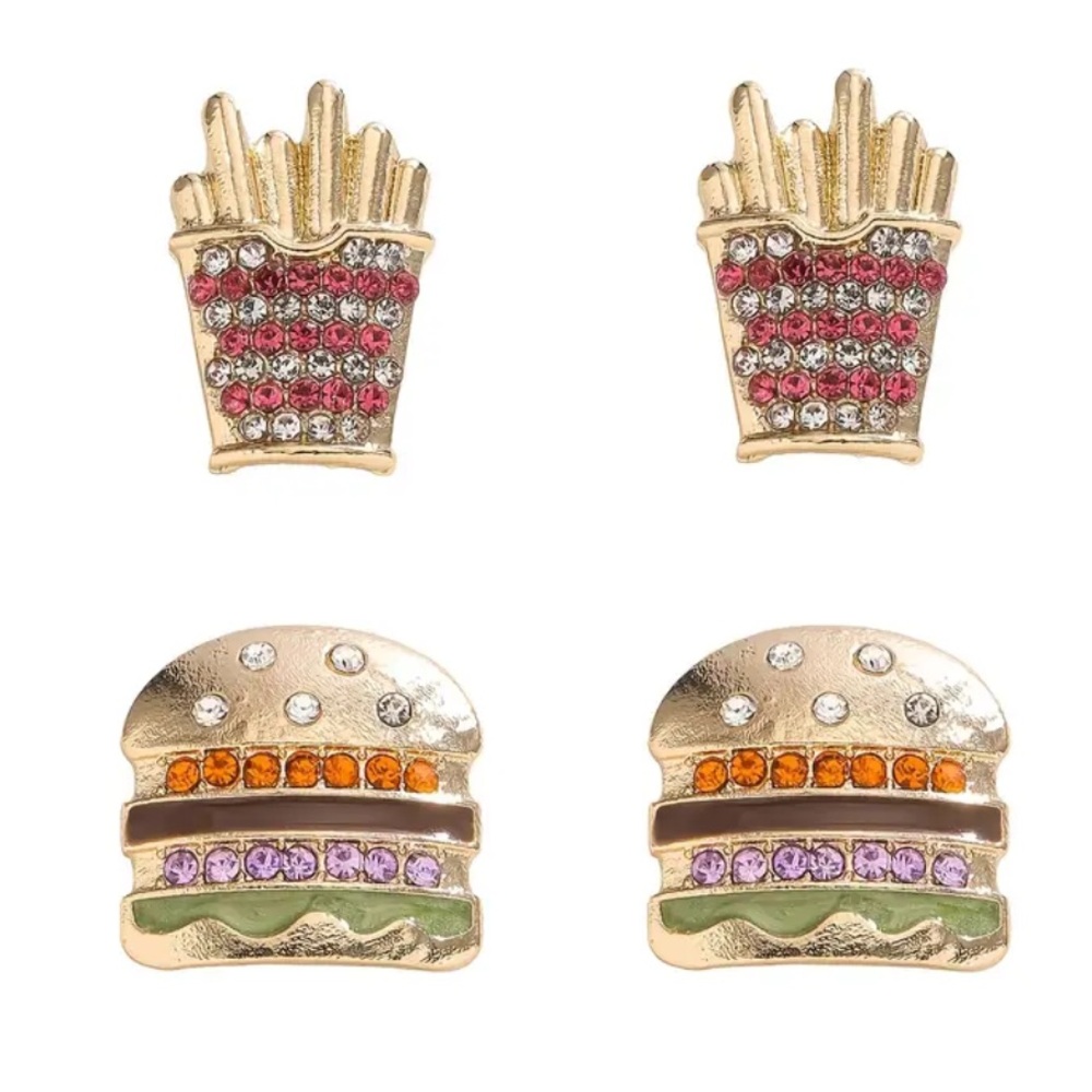 NWT Burger & Fries set of 2 pair of earrings zircon rhinestone gold new with tag - Picture 2 of 3